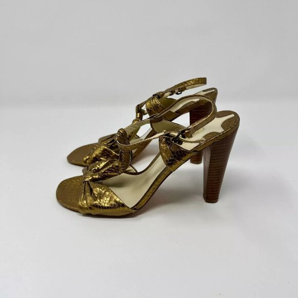 Max Studio Earling Gold Snakeskin Leather Ankle Strep Stacked Heel Size 8M - Picture 3 of 10